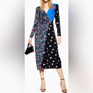 [L] Topshop Grand Estate Mixed Patchwork Boho Plunge Midi Dress Size Large